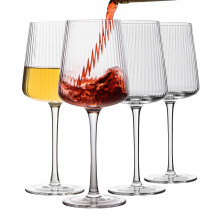 Elegant Ribbed Wine Glasses Set of 4 - 13.5 oz Lead-Free Crystal Stemware for Red and White Wine, Hand-Blown Design