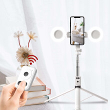 Selfie Stick Tripod 6 in 1 with Bluetooth Remote and Double Fill Lights, Foldable Design, White Color