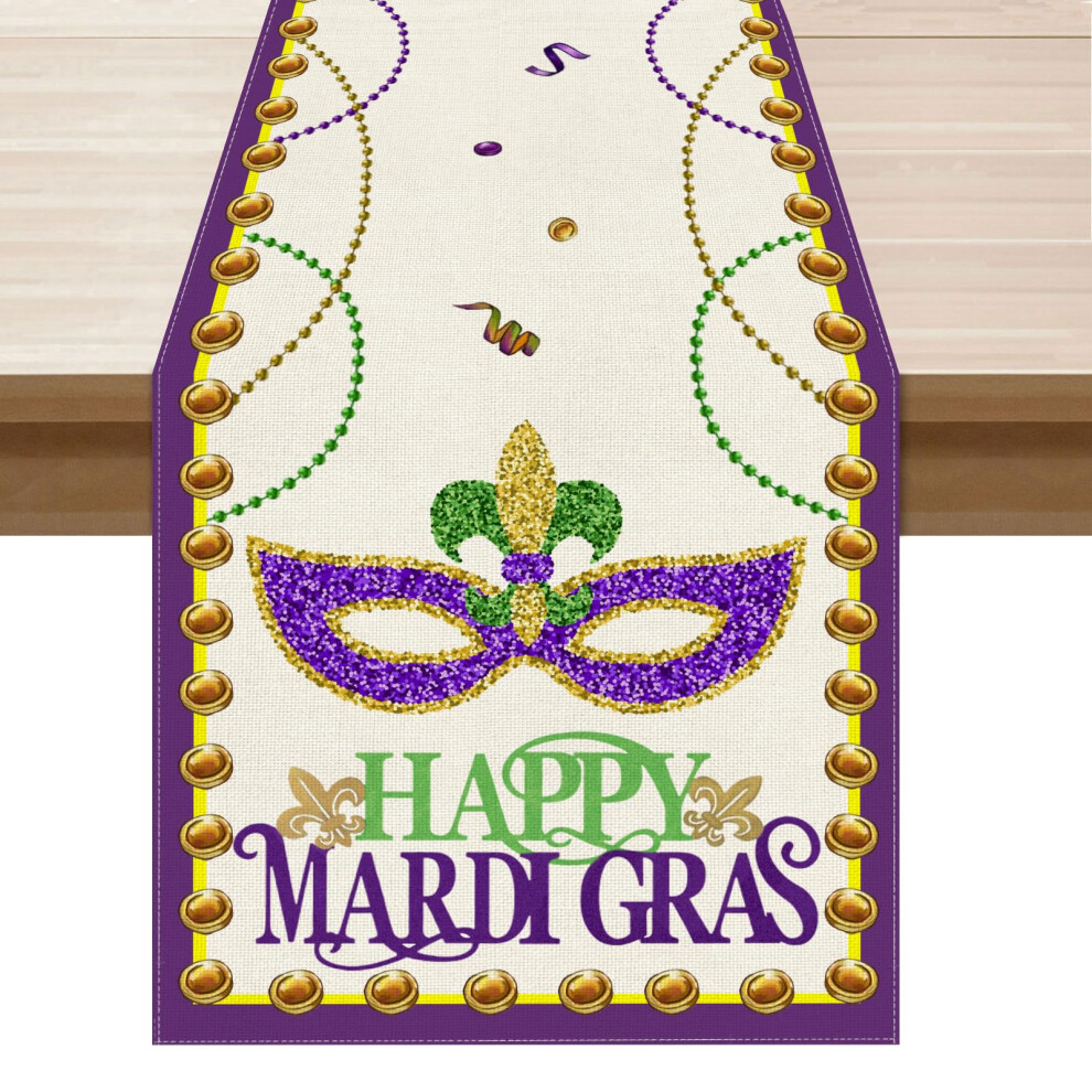 Happy Mardi Gras Fleur De Lis Iris Masquerade Mask Table Runner 13x36 Inch Burlap Cloth Holiday Decor for Home Dining-image-OPC-PJXF96D-NEW