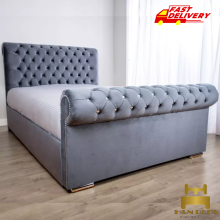 (Pink (No Mattress), 4ft6" Double (with Gaslift)) Scroll Sleigh Double Bed Frame Velvet Upholstered with Mattress & Ottoman Gas Lift Storage option Hand Made UK
