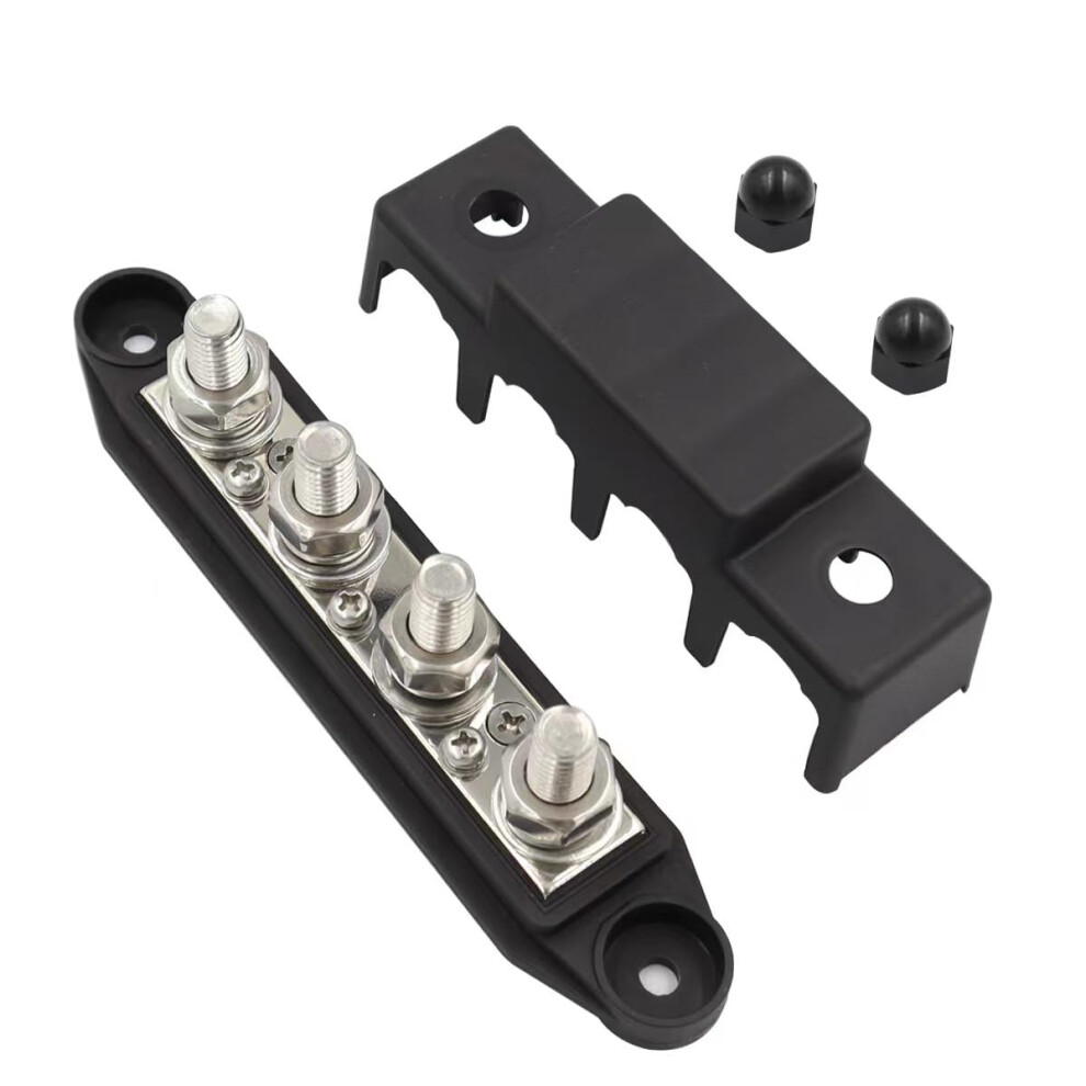 4 Post Distribution Block Bus Bar Pair With Cover, 250 Amp Rated, M10, Black, For Marine, Automotive, And Solar Applications 6038364511454