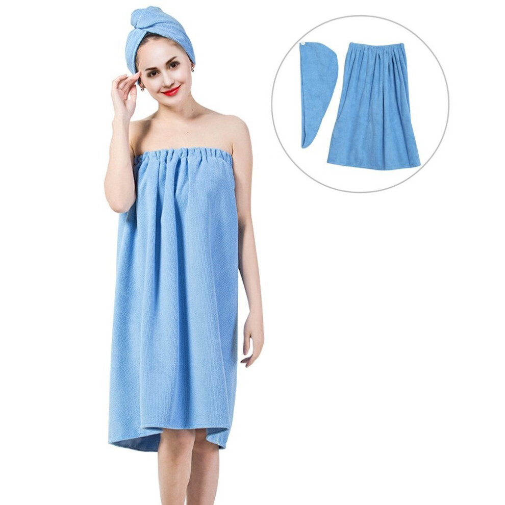 Blue Women Soft Spa Bath Body Wrap Set Towel Bathrobe