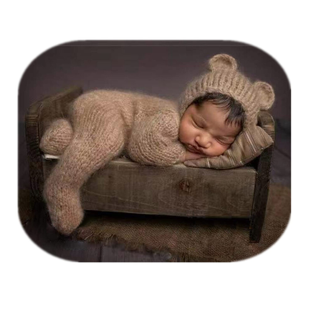 Newborn Photography Props Mohair Bear Hat & Footed Romper Set For Baby Photo Shoot, Soft Material, Ideal For Newborns 6482260899251