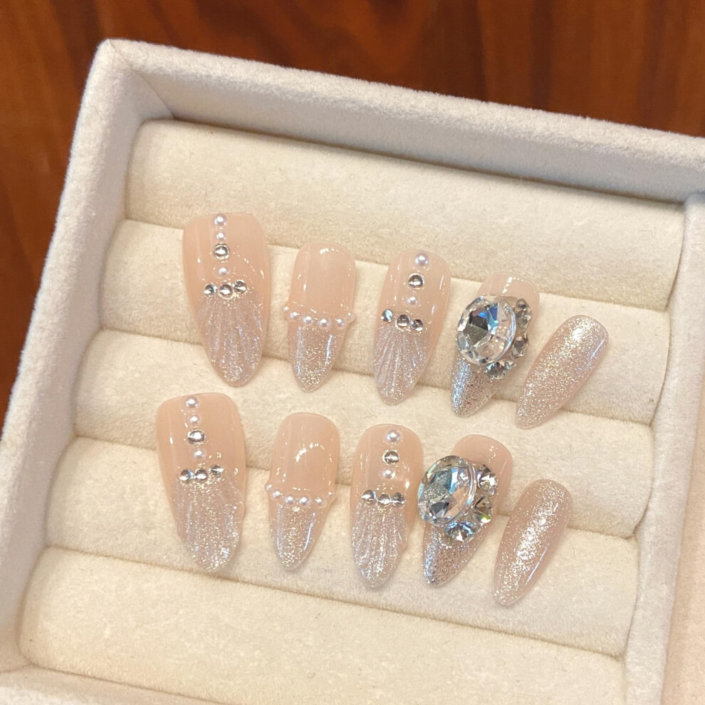 Handmade Press On Nails Almond Shape Flesh Color Shell Tip Rhinestone Design 10pcs Glue On Acrylic Nails