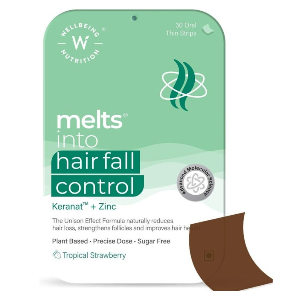 WELLBEING NUTRITION Melts Hair Fall Control |Tropical Strawberry Flavor, Oral Strips|Biotin-Powered Formul