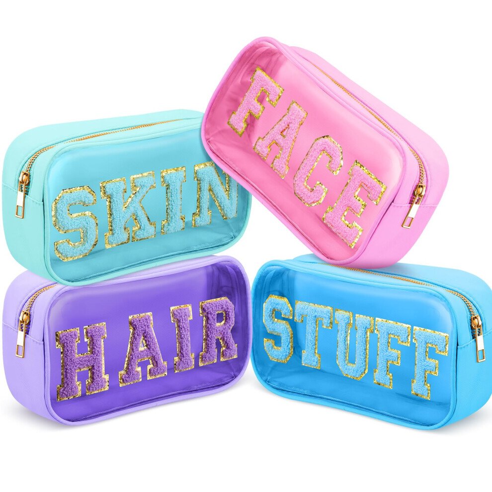 Chenille Letter Cosmetic Bag Set - 4 Pieces Nylon PVC Clear Waterproof Makeup Pouches for Travel, Gym, Beach, Light Colors