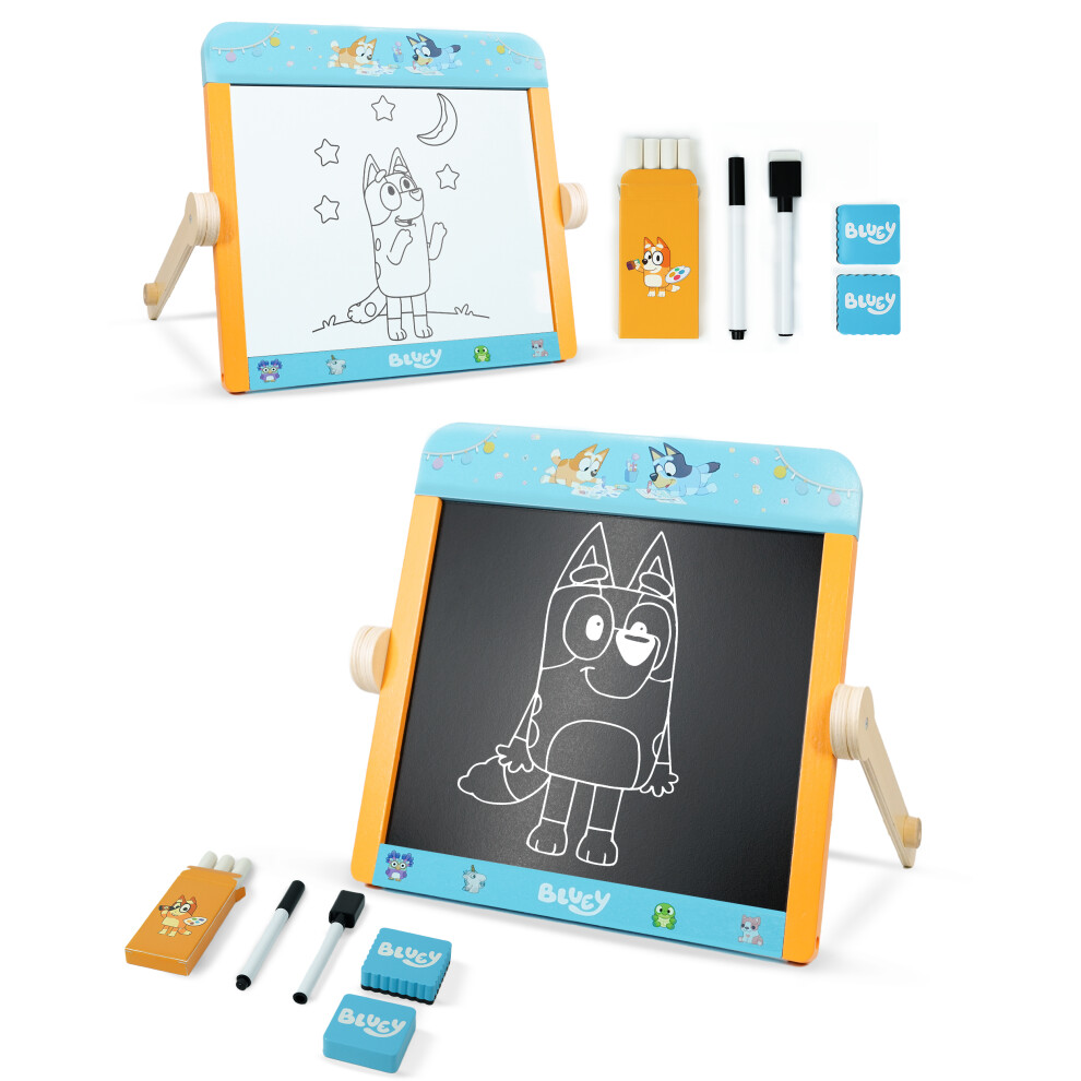 Bluey Tabletop Easel For Kids, 2 In 1 Double-Sided Chalkboard And Whiteboard