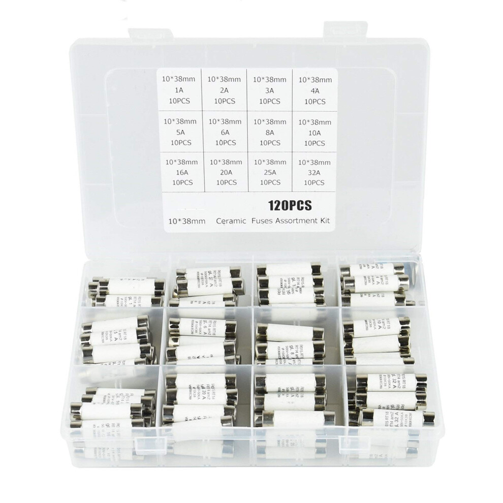 Ceramic Fuse Assorted Kit 120Pcs 10X38mm 500V 1A-32A Tube Fuses With Plastic Storage Box 6447073890369