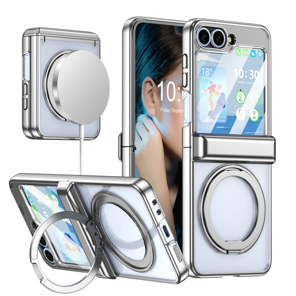 Clear Case For Samsung Galaxy Z Flip 6/5 With Magsafe Compatibility, Built-In Kickstand, Hinge Protection, Slim Design, Silver 6038364519375