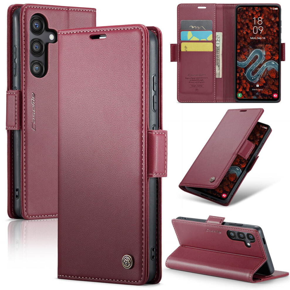 Wallet Case For Samsung Galaxy S24 Fe With Credit Card Holder, Pu Leather Folio Flip, Rfid Blocking, Wine Red 6038364520708