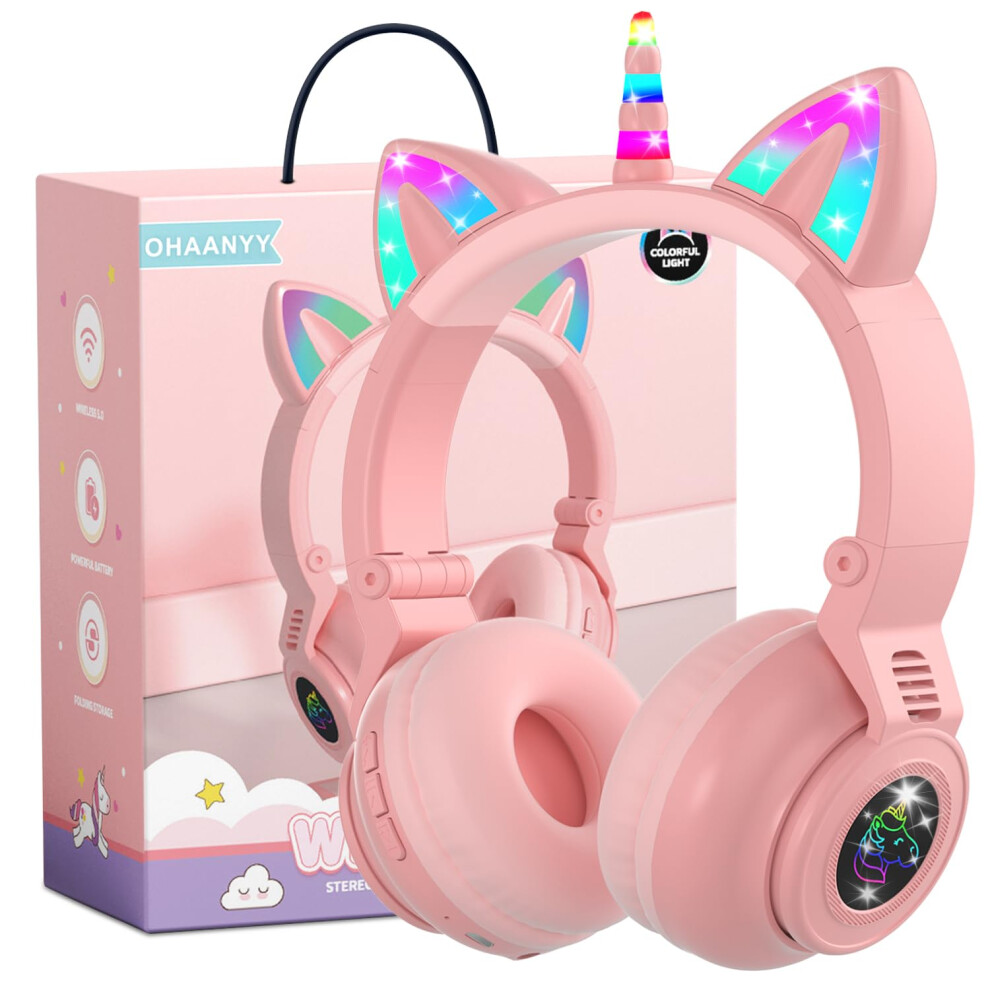 Unicorn Kids' Bluetooth Headphones, Foldable Wireless Earphones With Microphone, Volume Control, Design For Children Pink