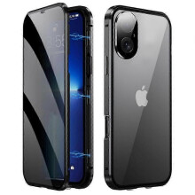 (Black) For Iphone 16 Case Anti-spy Double-sided Tempered Glass+magnetic Metal Frame Phone Cover - Silver