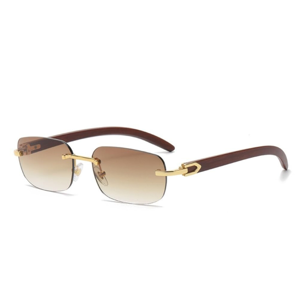 Small Rectangle Rimless Sunglasses for Men and Women, PC Imitation Wood Frame, Vintage Frameless Sun Glasses-image-OPC-PJXGKHW-NEW