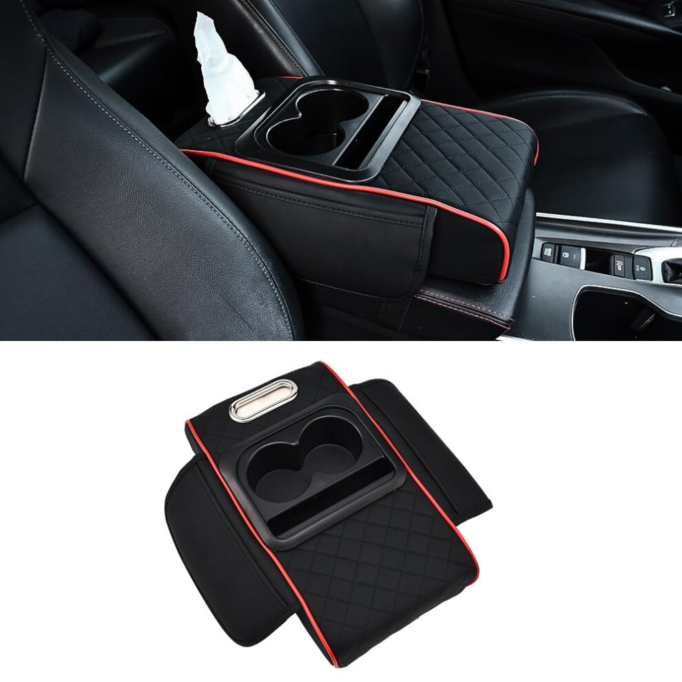 Auto Center Console Armrest Pillow - Memory Foam Leather Cushion With Cup Holder, Storage Box, Side Pocket & Tissue Box, Universal Fit Black 6947110404615
