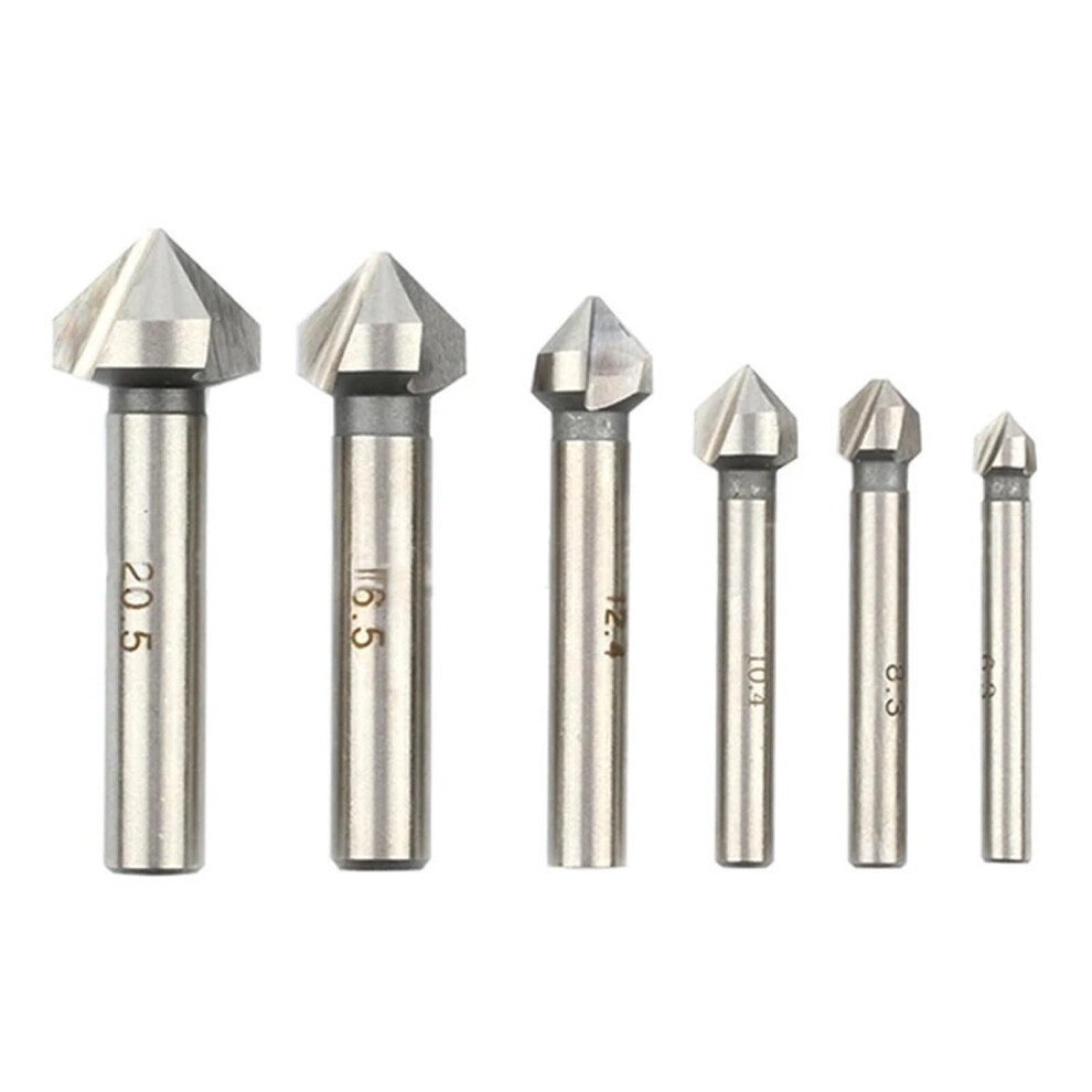 6Pcs Hss 90 Degree Countersink Drill Bits Set, 6.3Mm To 20.5Mm Chamfering Cutters, 3 Flute Round Shank, Deburring Tool For Woodworking 6482260910307