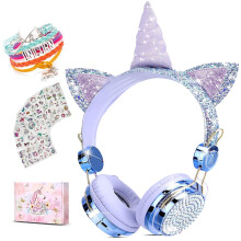 Unicorn Wireless Headphones for Kids, Cat Ear Bluetooth 5.0 Over Ear Headset, Foldable Gaming Headphones for Girls, Blue