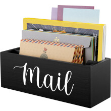 Mail Organizer with 2 Slots, Black Wood Mail Holder for Wall or Countertop, Stylish Desk Envelope Basket for Home Office Decor
