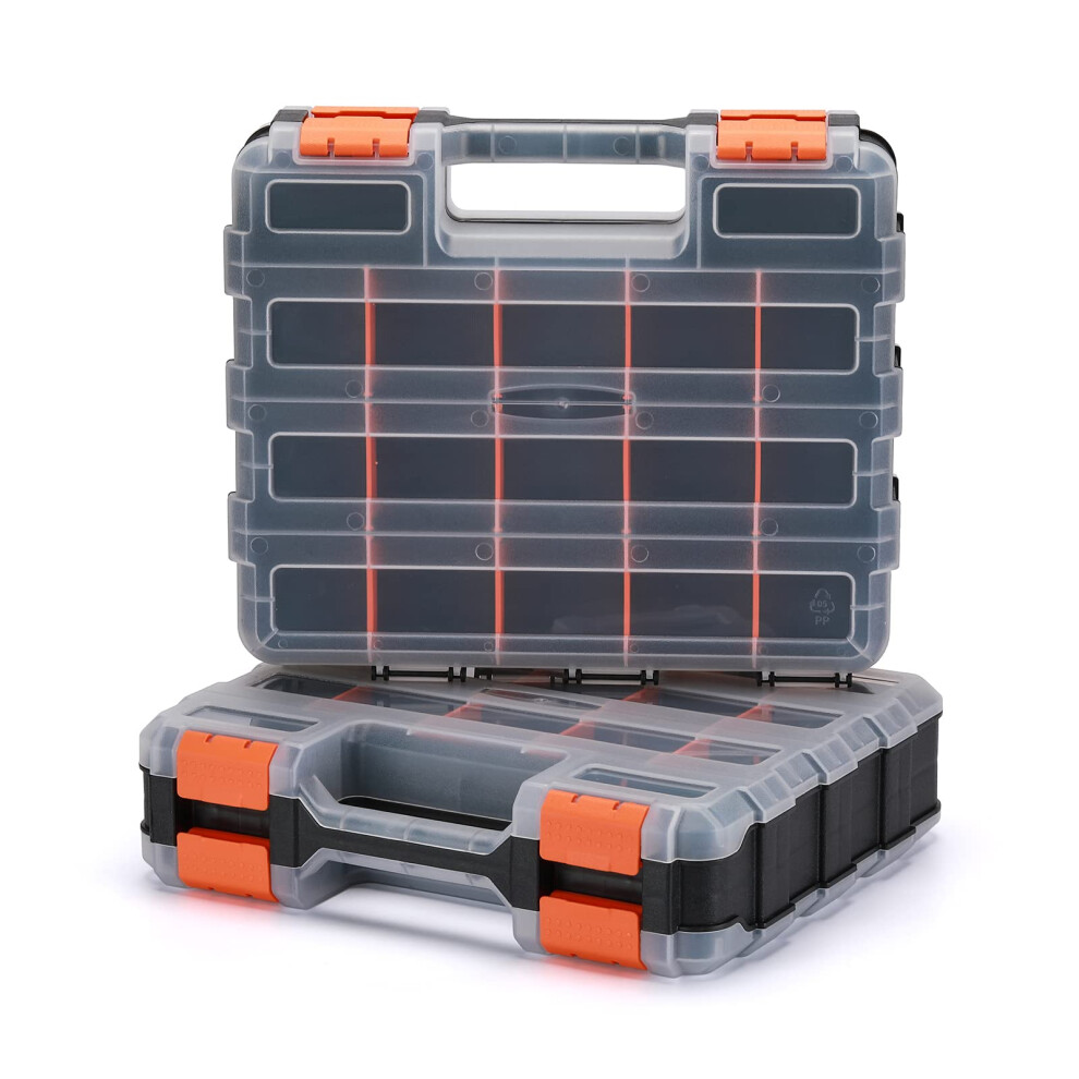 2Pcs Double Side Tool Organizer, 34-Compartment Hardware Box, Impact Resistant Polymer, Removable Dividers, Black/Orange 6038364534361