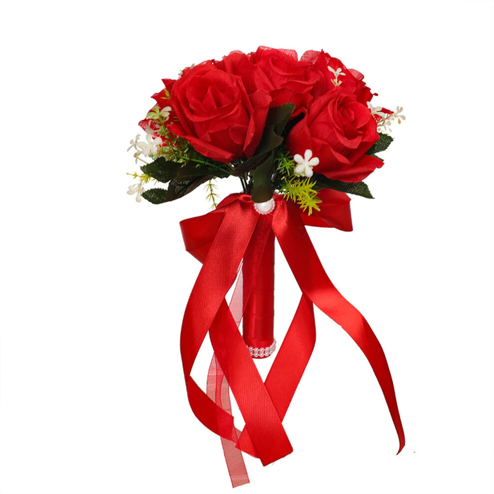 Romantic Rose Bouquet Silk Artificial Flower Bridal Throw Bouquet with Red Fabric Roses and Bow for Weddings-image-OPC-PJXHMJN-NEW