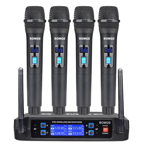 Wireless Microphone System Pro 4-Channel Cordless Mic Set with 4 Handheld Mics Long Range 200ft Fixed Frequency V410