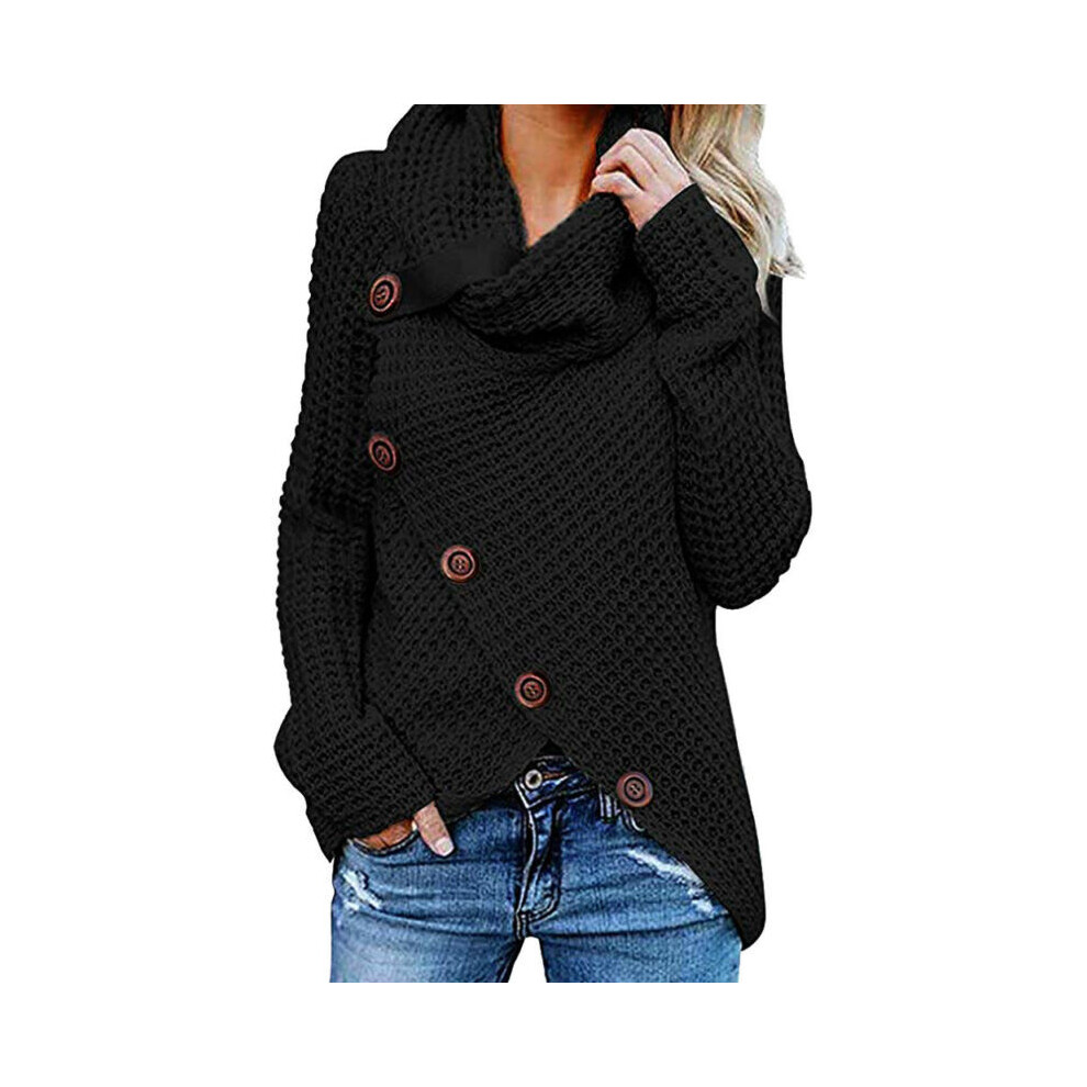 (, Xl) Chunky Women Cowl Neck Asymmetric Hem Knitted Sweater Pullover Coat Jumper Black
