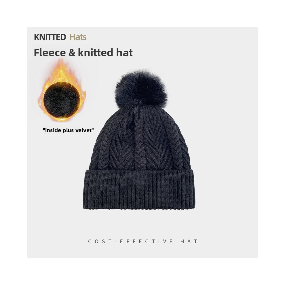 (Black) Hat Simple Knitted With Solid Color Design And Plush Ball Decoration Daily For-image-OPC-PJXHYSJ-NEW
