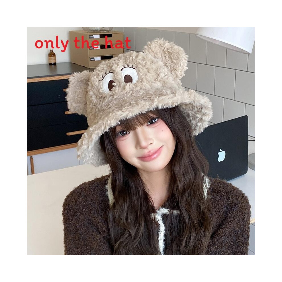 (Khaki) Plush Cute Fisherman Hat With Big Eyed Embroidery And Ear For Daily Design-image-OPC-PJXHZ75-NEW