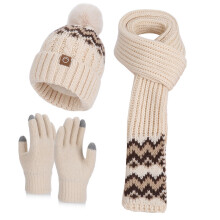 (Beige Three) Winter Knit Hat Scarf Gloves Collection With Lightweight Design Cold Days For