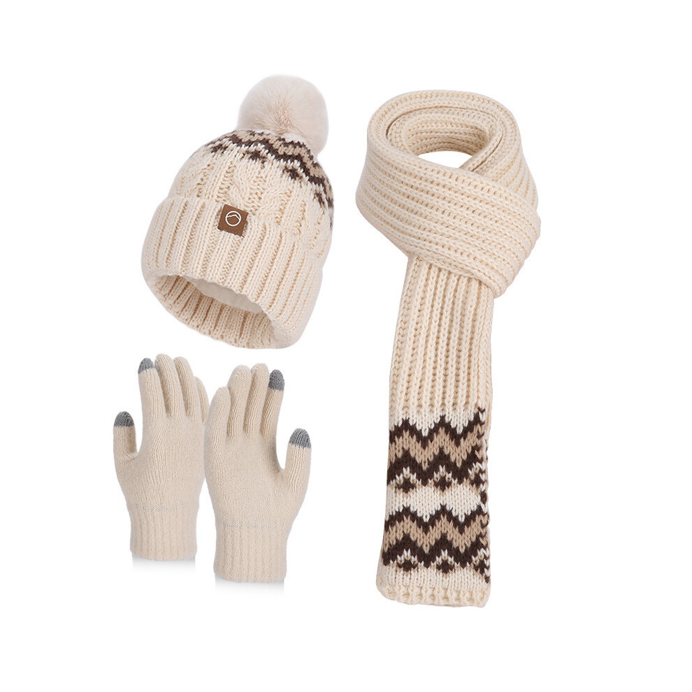 (Beige Three) Winter Knit Hat Scarf Gloves Collection With Lightweight Design Cold Days For Cream