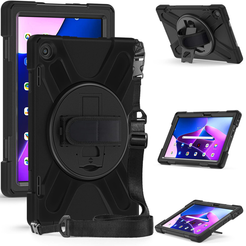 Rugged Case For Lenovo Tab M10 (3Rd Gen) 10.1" 2022 With Stylus Holder, 360 Kickstand, Shock-Proof Cover, Black 6447073913624