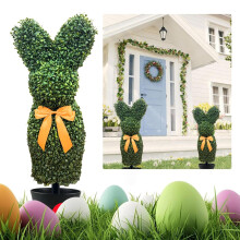 24 Inches Bunny Topiary Tree, Artificial Boxwood Easter Bunny Decoration with Gold Bow for Indoor Outdoor Porch Decor