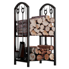 Fireplace Firewood Log Rack 5-Piece Black Storage Holder with 4 Tool Set for Stacking Logs and Lumber