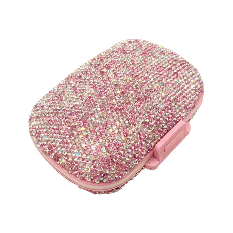 Pink Bling Diamond Pill Organizer 8 Compartments Double-Sided Rhinestone Pill Box Portable Travel Case For Vitamins And Cod Liver Oil (Pink)