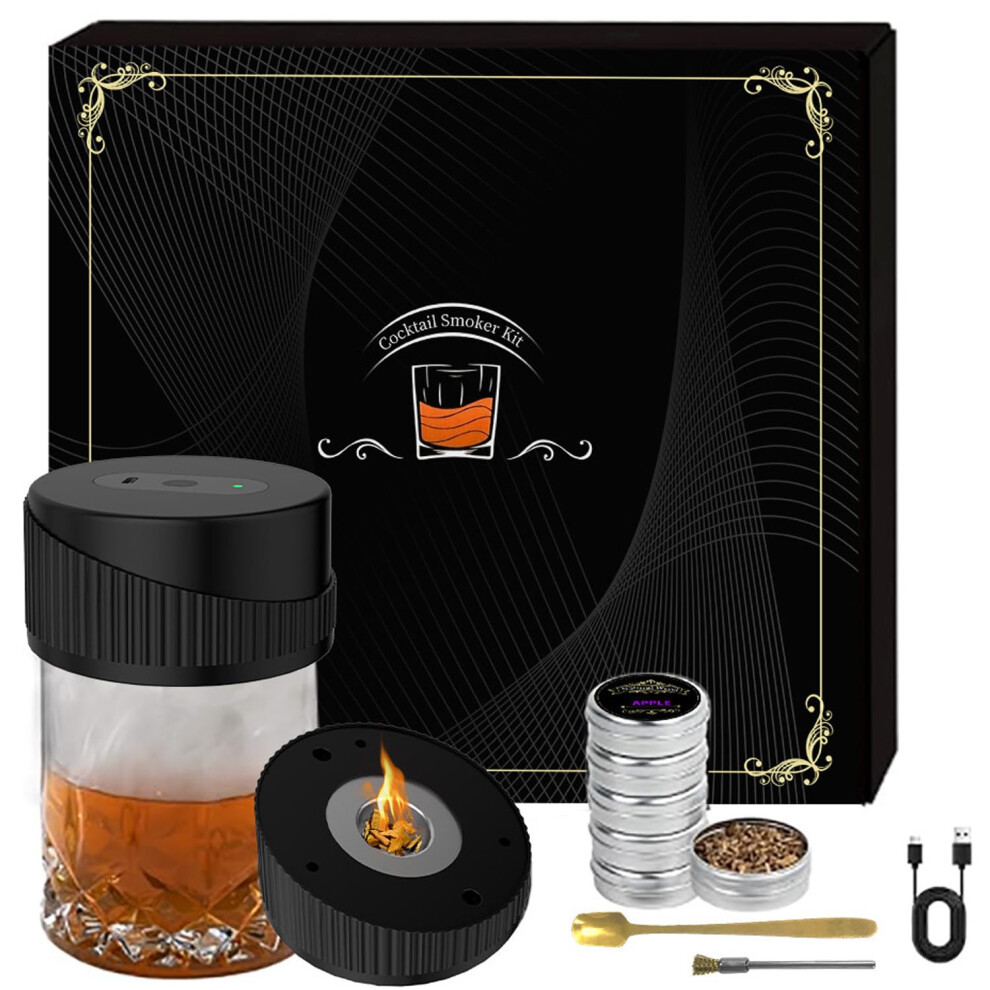 Electric Whiskey Smoker Kit with Rechargeable Built-In Lighter, Includes 6 Wood Chips, Ideal Bourbon Gifts for Men and Dads