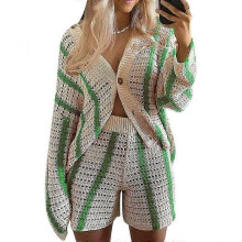 (L,Green)V Neck Cardigan Y2k Knit Cardigan Long Sleeve Women Knit Striped Cardigan