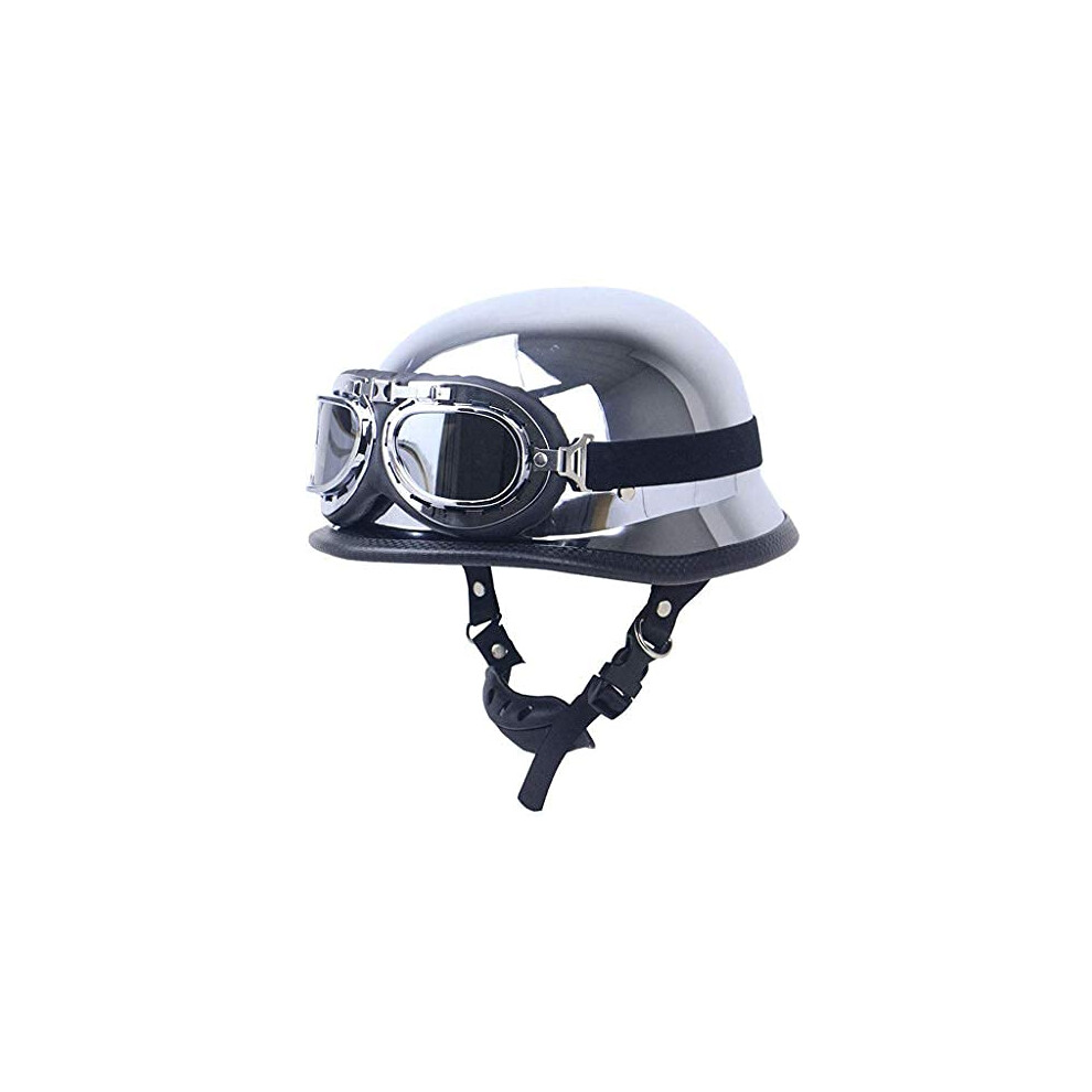 German Style Mirror Chrome Dot Approved Motorcycle Half Helmet With Pilot Goggles, Vintage Open Face Cap 55-62Cm Silver 6447073929977
