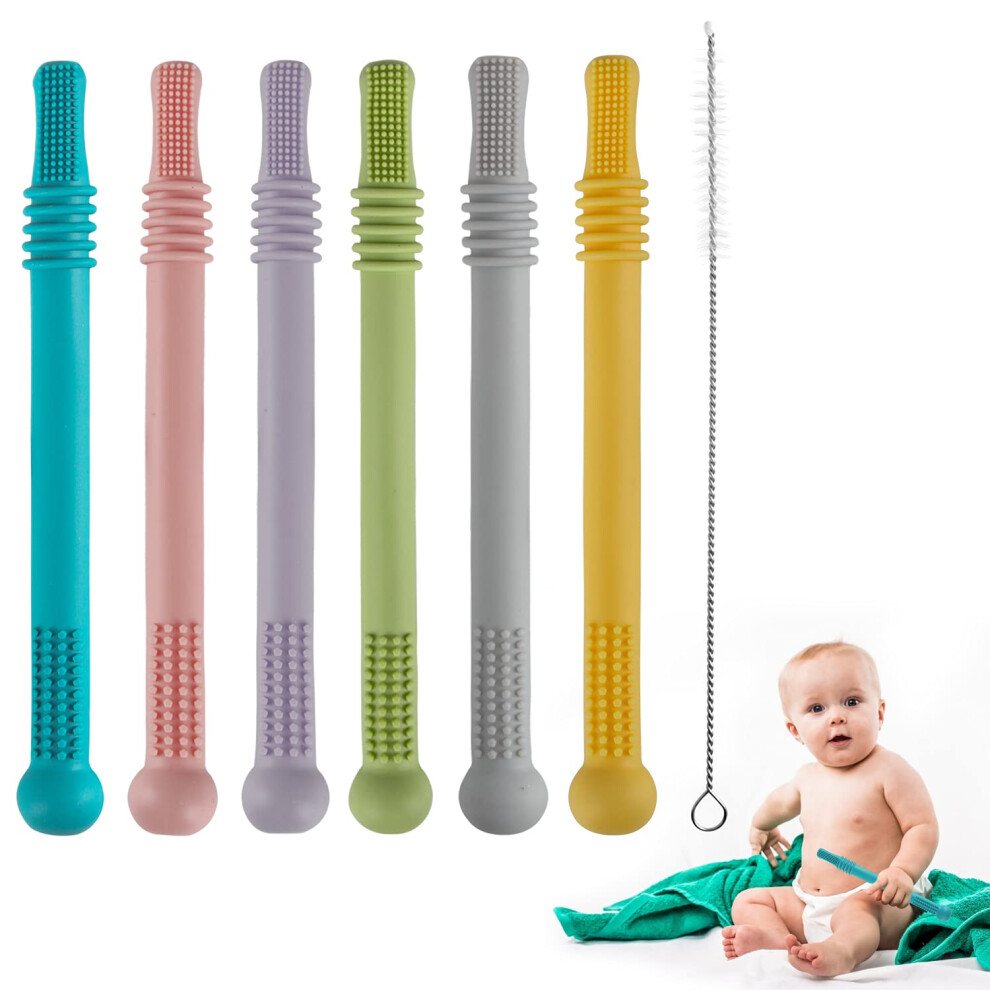 Hollow Teether Tube Chew Straw Sensory Toy for Infants and Toddlers, BPA Free Silicone Teething Toys for 0-36 Months, 6 Pack
