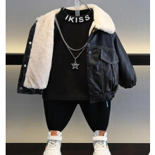 (black, 90cm/ 2-3Year) Boys kids 2-10Y PU Leather Zip thick lapel Jacket fleece Casual Warm coat school