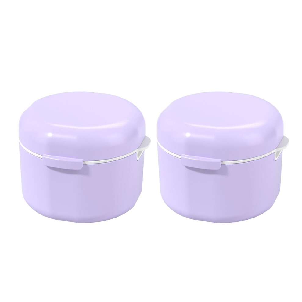 Purple Pp Denture Cup With Lid 2 Pack, Double-Layer Denture Soaking Container With Drain Basket For Travel,