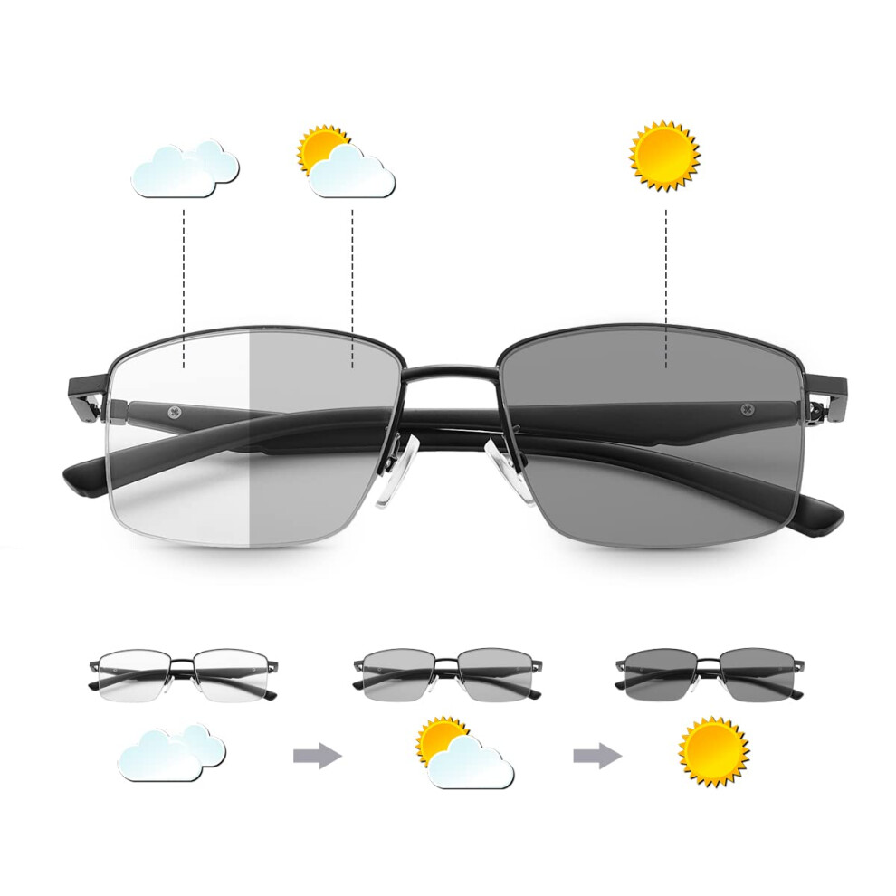Photochromic Progressive Multifocus Reading Glasses with Spring Hinges UV400 Anti-Glare Transition Sunglasses for Men and Women