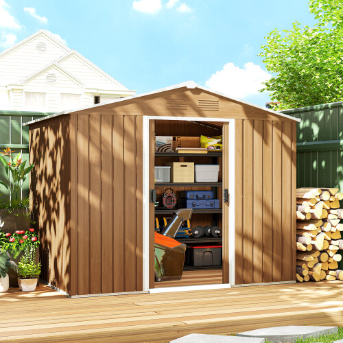Outsunny 8x6ft Brown Wood-Effect Garden Storage Shed, Galvanised Steel, Double Sliding Doors, Ventilated & Lockable (845-429V00DR)