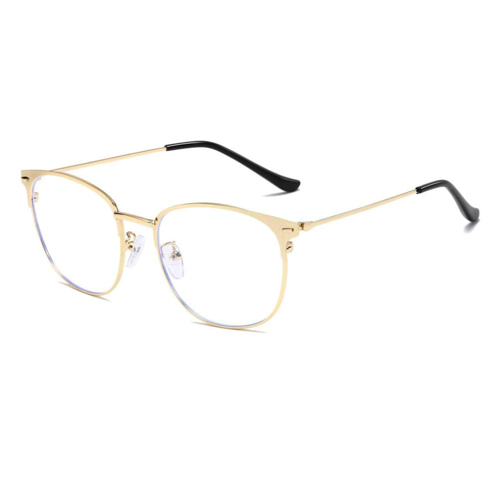 Retro Semi-Rimless Round Blue Light Blocking Glasses for Computer Gaming, Horn Rimmed Nerd Style, Clear Lens
