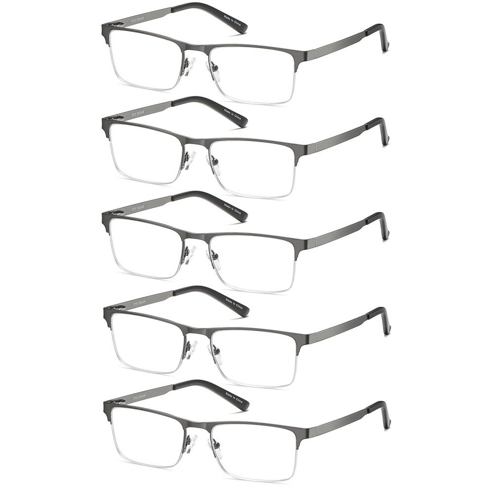 5-Pack Reading Glasses Men Blue Light Blocking Metal Half Frame Gunmetal Gray Spring Hinges 2.0 Magnification