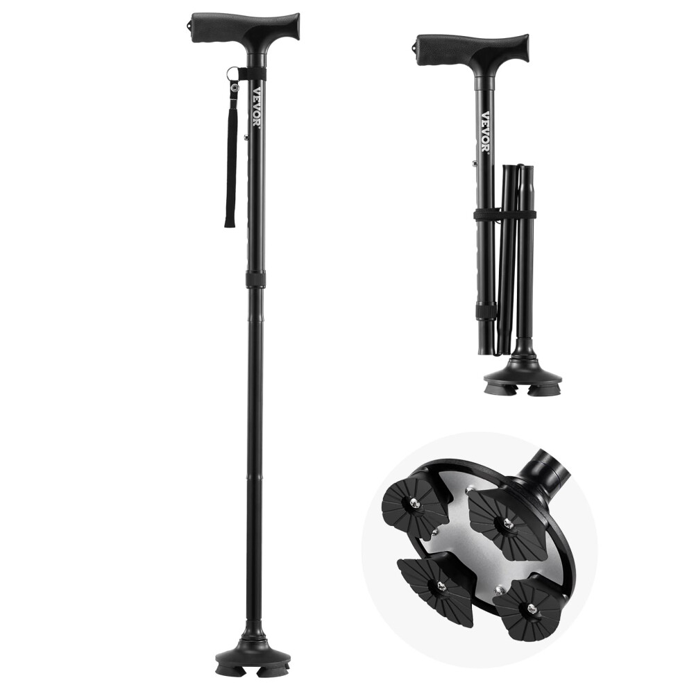 Black Walking Cane For Man Woman - Folding Adjustable Height Walking Stick With 4-Pronged Base, Lightweight Aluminum Mobility Aid,