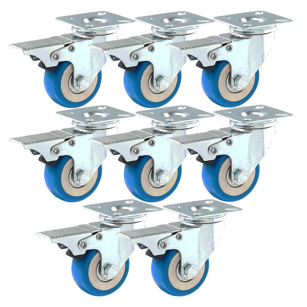 8 Pack Brake Caster Wheels With Swivel Plate, Blue Polyurethane Pu Wheels, Heavy Duty 3 Inch Casters For Furniture And Equipment 6482260946252