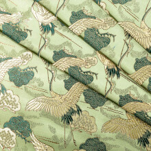 Silk Satin Fabric for Costume and Kimono, Green Embroidered Brocade Damask Upholstery Material