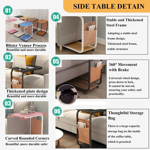 Mobile Bedside Table with Brake - Multifunctional Small Square Coffee Table for Bedroom - 65cm Height, Compact Design 2