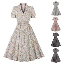 (L,Pink)Women's 1940s 50s Floral Party Swing Dress Vintage Party Rockabilly Prom Dresses
