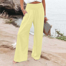 (M, Yellow) Ladies Summer Trousers Women's Loose Wide Leg Pants High Waist Straight Pants Casual Solid Pants-yky416