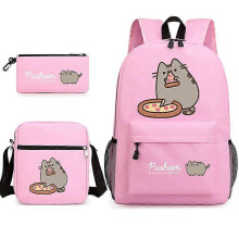 (C) Pushee n Fat Lucky Cat Pattern Printed Backpack Single Shoulder Pencil Bag 3-Piece Set Student Backpack